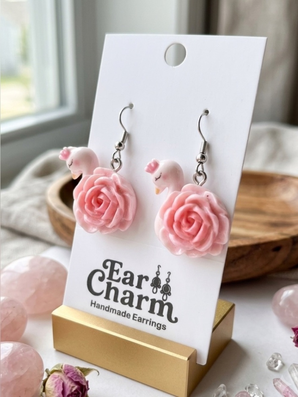 New Pink Swan Rose Flower Dangle Earrings